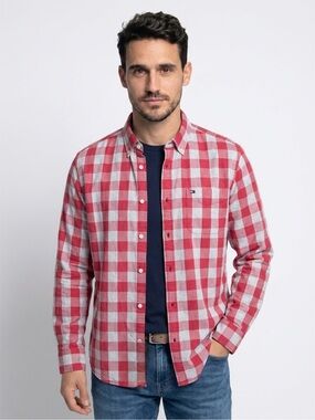 Tommy Hilfiger Custom Fit Men's Large Button Down Red Gray Plaid Long Sleeve